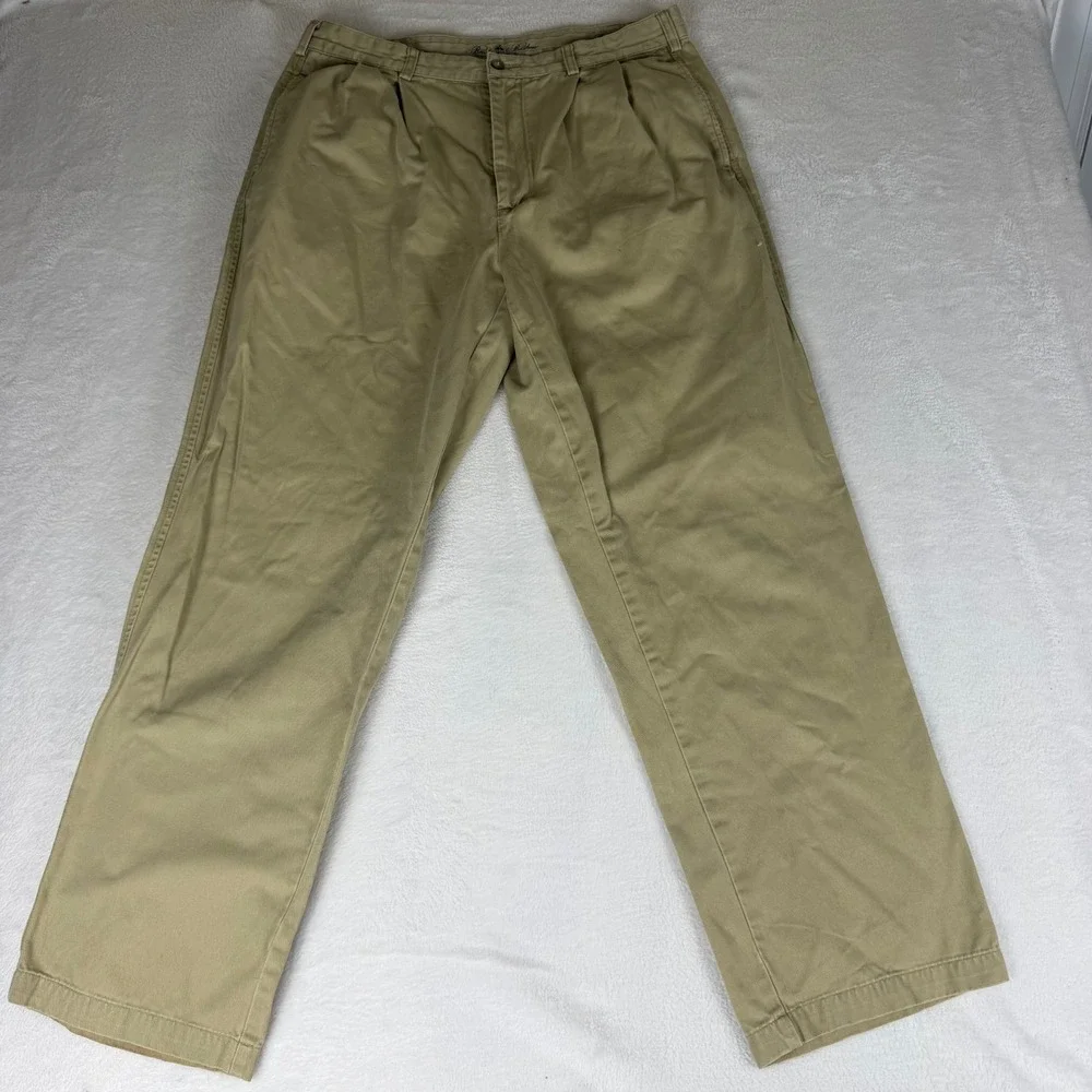 Brooks Brothers Mens Khaki Pleated Chino Pants 35x32 Tan Cotton Straight Leg